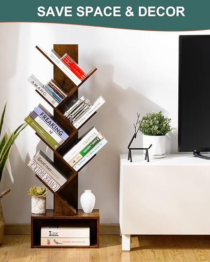 Yoobure Tree Bookshelf - 6 Shelf Retro Floor Standing Bookcase, Tall Wood Book Storage Rack for CDs/Movies/Books, Utility Book Organizer Shelves for Bedroom, Living Room, Home Office - LeafyLoom