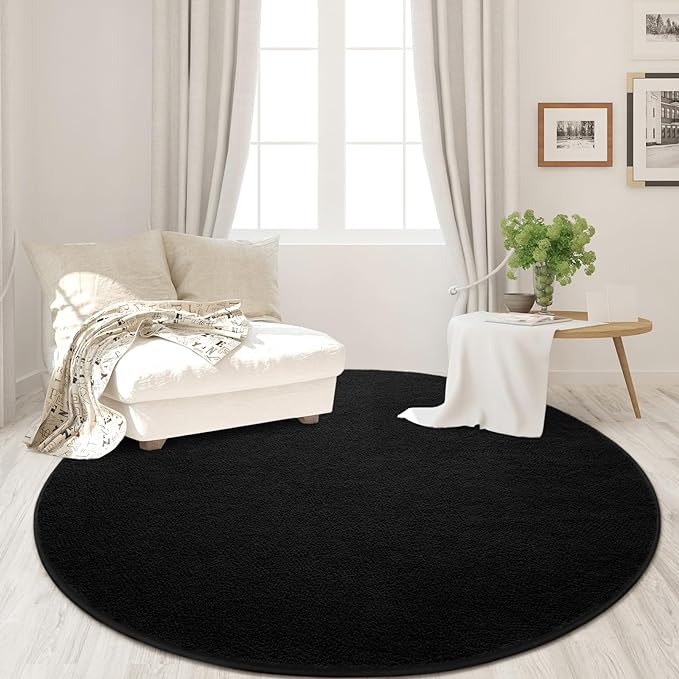 Round Area Rugs for Bedroom Living Room, 4x4 Black Super Soft Comfy Thickened Memory-Foam Indoor Circle Carpet, Modern Aesthetic Minimalist Carpet for Boys Girls Adults Nursery Home Décor - LeafyLoom