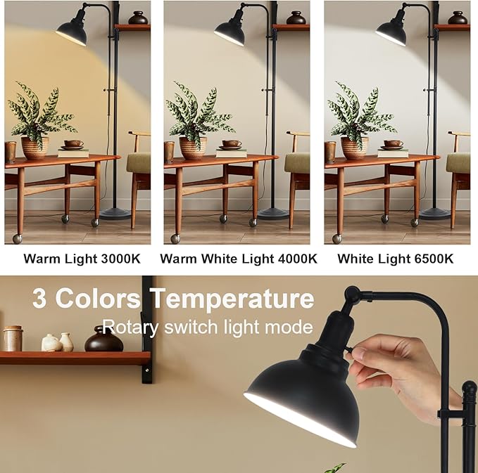 Floor Lamp, Industrial Floor Lamps for Living Rooms & Bedrooms - Rustic Farmhouse Reading Lamp Standing, Adjustable Metal Heads Indoor Task Lighting for Living Room Office Home Décor (Black-02 3S) - LeafyLoom