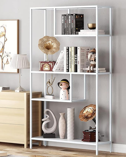 HOME BI Geometric Bookshelf, Tall Modern Etagere Bookcase, Industrial Metal Book Shelf with 5 Open Display Shelves for Office Living Room, White - LeafyLoom