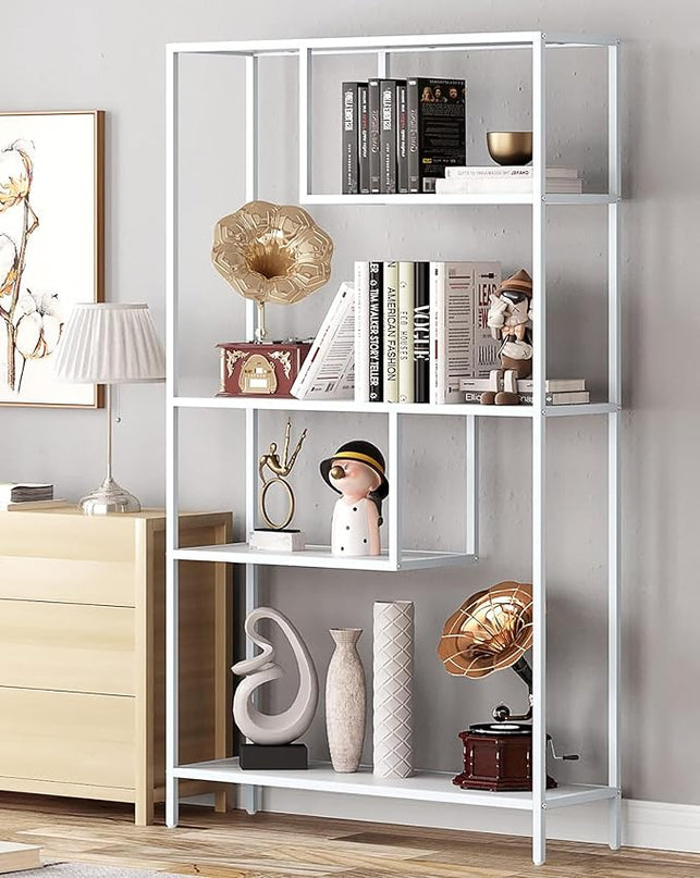 HOME BI Geometric Bookshelf, Tall Modern Etagere Bookcase, Industrial Metal Book Shelf with 5 Open Display Shelves for Office Living Room, White - LeafyLoom