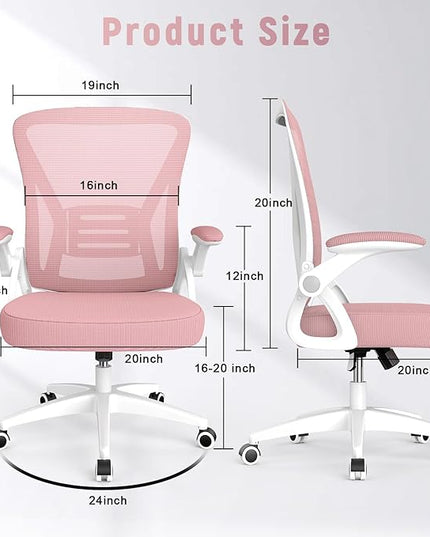 naspaluro Ergonomic Office Chair, Mid Back Desk Chair with Adjustable Height, Swivel Chair with Flip-Up Arms and Lumbar Support, Breathable Mesh Computer Chair for Home/Study/Working, Pink - LeafyLoom