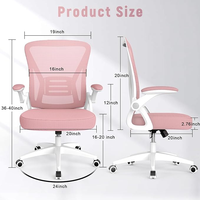 naspaluro Ergonomic Office Chair, Mid Back Desk Chair with Adjustable Height, Swivel Chair with Flip-Up Arms and Lumbar Support, Breathable Mesh Computer Chair for Home/Study/Working, Pink - LeafyLoom