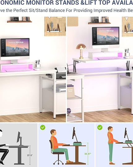 Aheaplus L Shaped Desk with Power Outlet, Standing Home Office Desk with Lift Top and File Drawer, 63'' Corner Computer Desk with Monitor Stand&Printer Shelves, Gaming Desk with Led Lights, White - LeafyLoom