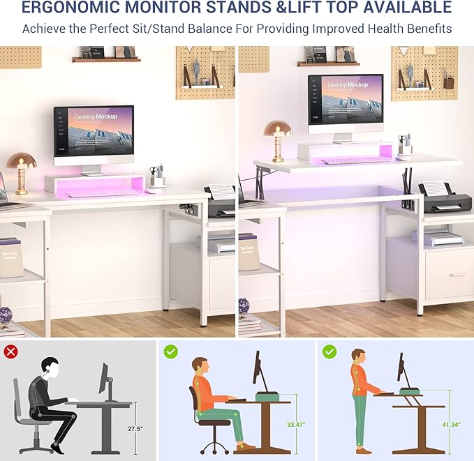 Aheaplus L Shaped Desk with Power Outlet, Standing Home Office Desk with Lift Top and File Drawer, 63'' Corner Computer Desk with Monitor Stand&Printer Shelves, Gaming Desk with Led Lights, White - LeafyLoom