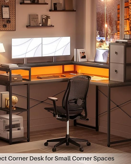 armocity L Shaped Desk with Drawers, Reversible Corner Computer Desk with LED Light & Power Outlet, 55.2'' L-Shaped Gaming Desk with Long Monitor Shelf, Home Office Desk for Small Corner Space, Grey - LeafyLoom