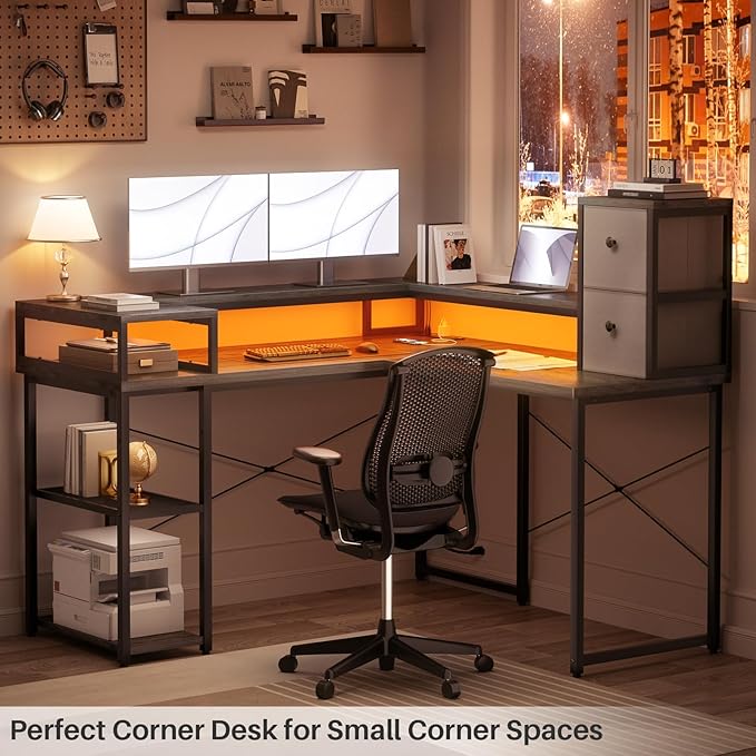 armocity L Shaped Desk with Drawers, Reversible Corner Computer Desk with LED Light & Power Outlet, 55.2'' L-Shaped Gaming Desk with Long Monitor Shelf, Home Office Desk for Small Corner Space, Grey - LeafyLoom
