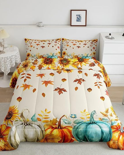 Fall Pumpkin Bedding Set For Home King Thanksgiving Harvest Season Fruit Decor Comforter Set Autumn Fall Maple Leaf Quilt Comforter for Kids Teen Adults,Rustic Farm Sunflower Bed Sets 2 Pillow Cases - LeafyLoom