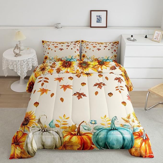 Fall Pumpkin Bedding Set For Home King Thanksgiving Harvest Season Fruit Decor Comforter Set Autumn Fall Maple Leaf Quilt Comforter for Kids Teen Adults,Rustic Farm Sunflower Bed Sets 2 Pillow Cases - LeafyLoom