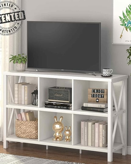 FATORRI 6 Cube Storage Organizer with Shelf, Long Wood and Metal Cubby Bookcase, Industrial Horizontal Bookshelf (White Oak, 47 Inch) - LeafyLoom