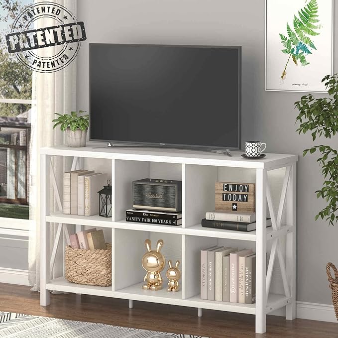 FATORRI 6 Cube Storage Organizer with Shelf, Long Wood and Metal Cubby Bookcase, Industrial Horizontal Bookshelf (White Oak, 47 Inch) - LeafyLoom