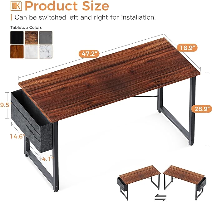 ODK Computer Desk Large Office Desk, 48 Inch Gaming Desk with Storage, Modern PC Desk Work Table with Headphone Hook for Home Office, Deep Brown - LeafyLoom