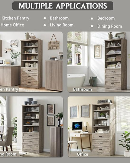 72" Tall Bookshlef with 3 Drawers, Farmhouse 4-Tier Bookcase with Adjustable Shlef, Wooden Storage Cabinet for Living Room, Kitchen, Home Office, Dining Room, Grey - LeafyLoom