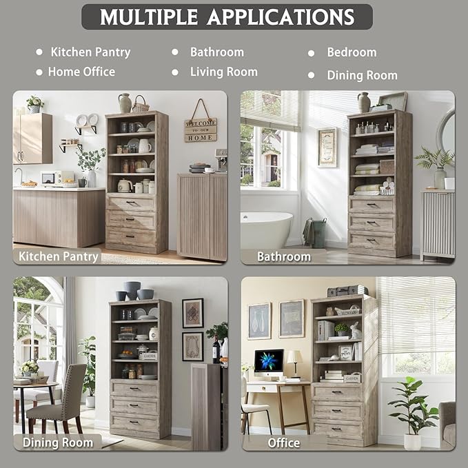 72" Tall Bookshlef with 3 Drawers, Farmhouse 4-Tier Bookcase with Adjustable Shlef, Wooden Storage Cabinet for Living Room, Kitchen, Home Office, Dining Room, Grey - LeafyLoom