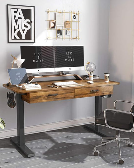 BANTI 55'' Adjustable Height Electric Standing Desk with Double Drawer, Stand Up Home Office Desk with Splice Tabletop, Rustic Brown - LeafyLoom