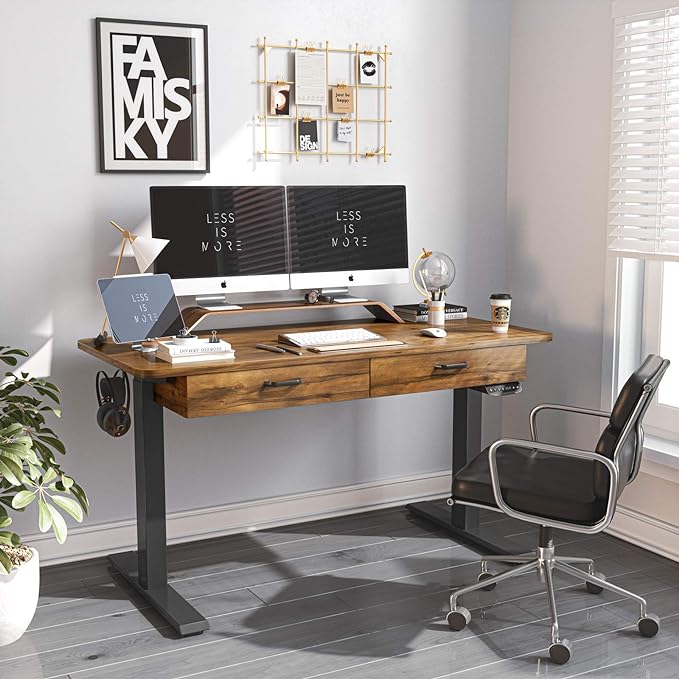 BANTI 55'' Adjustable Height Electric Standing Desk with Double Drawer, Stand Up Home Office Desk with Splice Tabletop, Rustic Brown - LeafyLoom