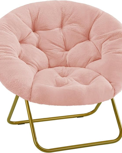 Sweetcrispy Cozy Saucer Chairs Faux Fur Living Room Reading Lounge Furniture Folding Comfy with Soft Thick Padded Seat Metal Frame Modern Style for Bedroom Home Adults, X-Large, Pink - LeafyLoom