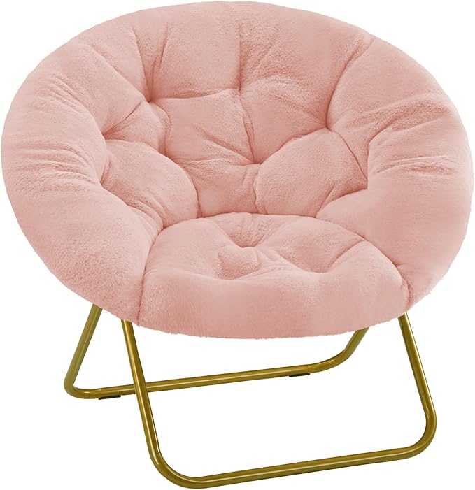 Sweetcrispy Cozy Saucer Chairs Faux Fur Living Room Reading Lounge Furniture Folding Comfy with Soft Thick Padded Seat Metal Frame Modern Style for Bedroom Home Adults, X-Large, Pink - LeafyLoom