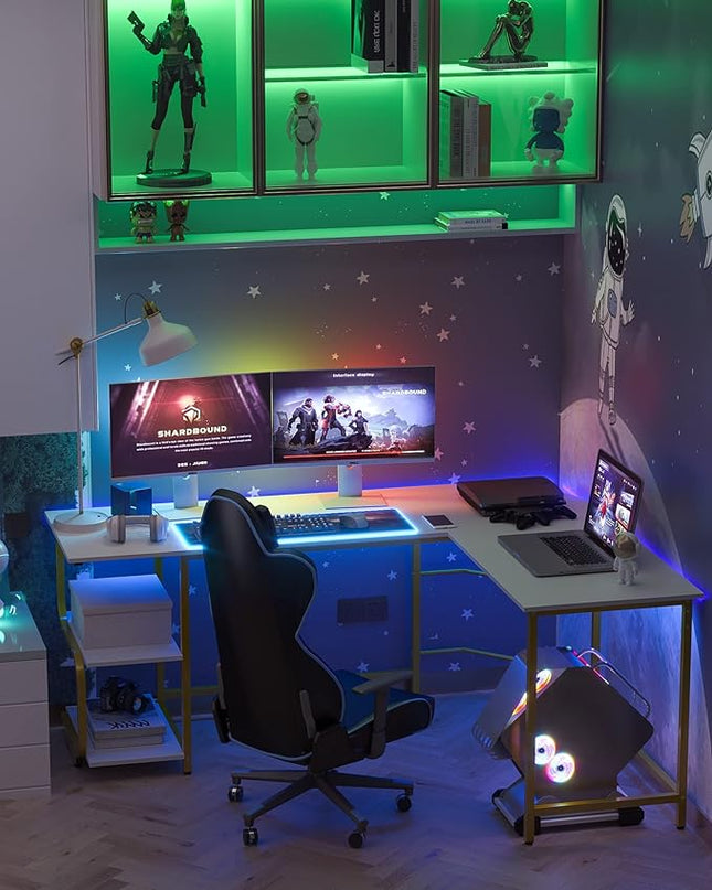 Teraves Reversible L Shaped Desk with Shelves Round Corner Computer Desk Gaming Table Workstation for Home Office (Large, White + Gold Frame) - LeafyLoom