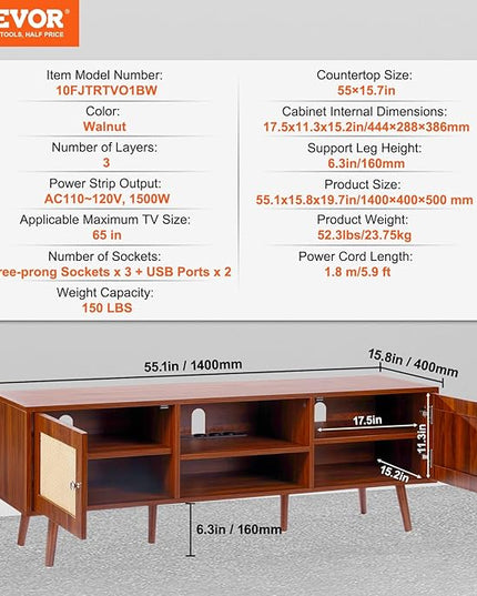 VEVOR Rattan TV Stand, Mid Century Modern TV Stand for 65 inch TV, Boho Rattan TV Cabinet with Build-in Socket and USB Ports, Adjustable Shelfs for Living Room, Media Room, Walnut - LeafyLoom