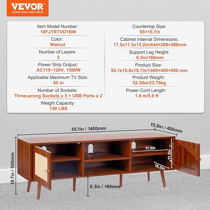 VEVOR Rattan TV Stand, Mid Century Modern TV Stand for 65 inch TV, Boho Rattan TV Cabinet with Build-in Socket and USB Ports, Adjustable Shelfs for Living Room, Media Room, Walnut - LeafyLoom