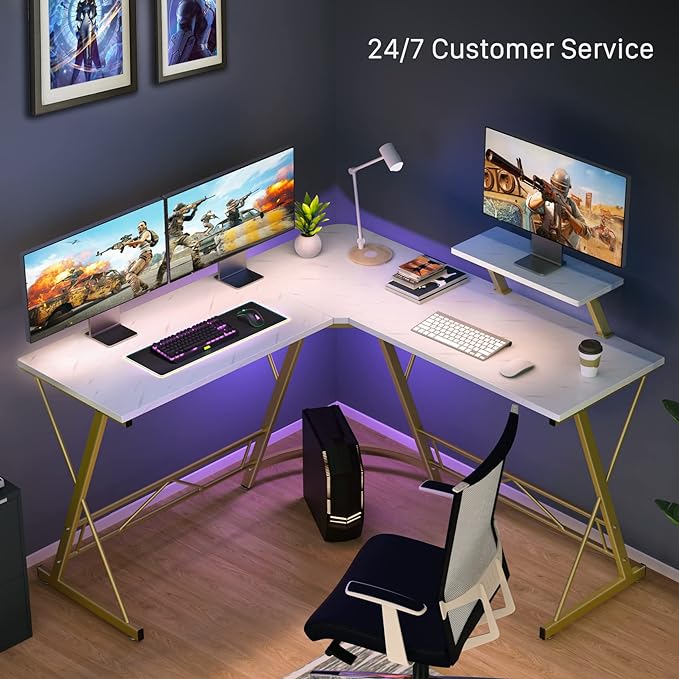 Mr IRONSTONE L Shaped Desk Computer Corner Desk, Home Gaming Desk, Office Writing Workstation with Large Monitor Stand, Easy to Assemble (White,51 Inch) - LeafyLoom