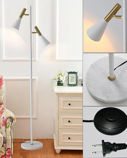 Elegant Modern Floor Lamp with 2 Adjustable Head,White and Gold Stand up Lamps with Marble Base,Tall Pole Uplight,Tree Floor Lamps for Living Room,Office - LeafyLoom
