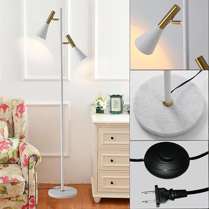 Elegant Modern Floor Lamp with 2 Adjustable Head,White and Gold Stand up Lamps with Marble Base,Tall Pole Uplight,Tree Floor Lamps for Living Room,Office - LeafyLoom
