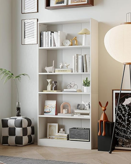 5-Tier Bookshelf, Wood Display Storage Shelves 67.3" Tall Bookcase Open Bookshelf for Home Office, Living Room and Bedroom,White - LeafyLoom