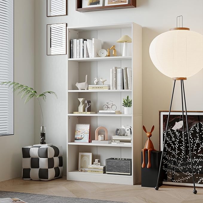 5-Tier Bookshelf, Wood Display Storage Shelves 67.3" Tall Bookcase Open Bookshelf for Home Office, Living Room and Bedroom,White - LeafyLoom