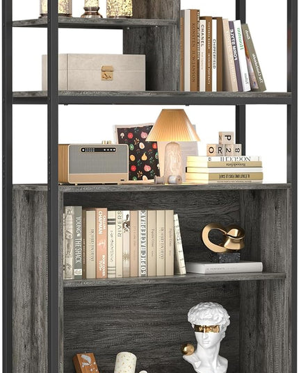 armocity Industrial Bookshelf, 6 Tier Tall Bookshelves Wood Metal Frame Standing Bookcase, Display Book Shelf with Adjustable Storage Shelves for Home Office, Living Room, Bed Room, Grey Oak - LeafyLoom