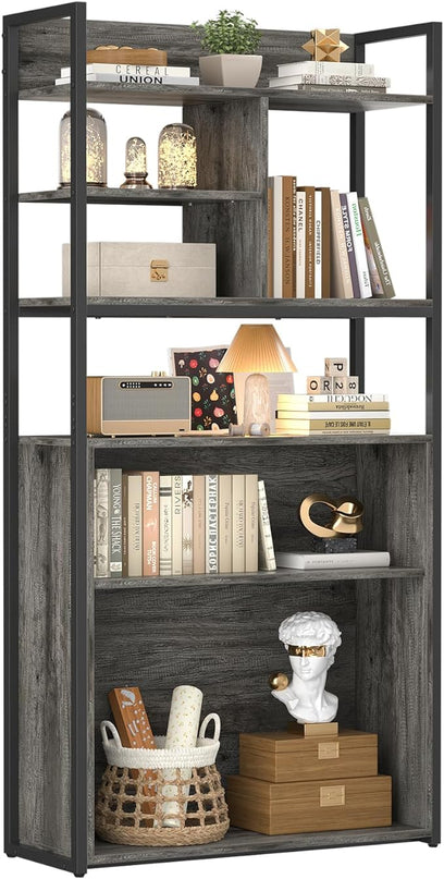 armocity Industrial Bookshelf, 6 Tier Tall Bookshelves Wood Metal Frame Standing Bookcase, Display Book Shelf with Adjustable Storage Shelves for Home Office, Living Room, Bed Room, Grey Oak - LeafyLoom