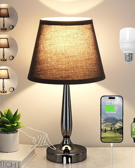 Kakanuo Touch Bedside Lamp for Bedroom with USB C Port, Small Touch Table Lamp with 2 USB Charging Ports, 3 Way Dimmable Nightstand Lamp for Living Room and Office - Black (LED Bulb Included) - LeafyLoom