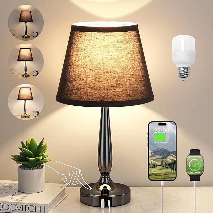 Kakanuo Touch Bedside Lamp for Bedroom with USB C Port, Small Touch Table Lamp with 2 USB Charging Ports, 3 Way Dimmable Nightstand Lamp for Living Room and Office - Black (LED Bulb Included) - LeafyLoom