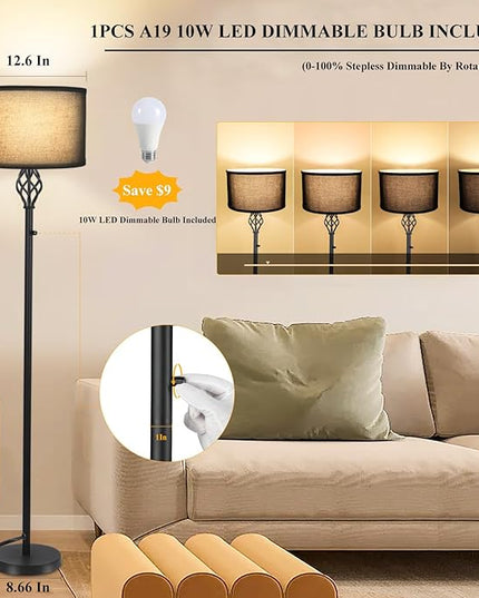 Dimmable Floor lamp, Floor Lamps for Living Room, Modern Standing Lamp with Black Linen Shade, Rotary Switch, 10W LED Bulb(1000LM, 2700K), Reading Tall Floor Lamp for Bedroom Office Dinning Room - LeafyLoom