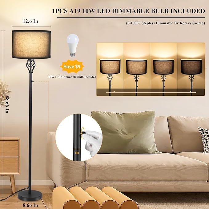 Dimmable Floor lamp, Floor Lamps for Living Room, Modern Standing Lamp with Black Linen Shade, Rotary Switch, 10W LED Bulb(1000LM, 2700K), Reading Tall Floor Lamp for Bedroom Office Dinning Room - LeafyLoom