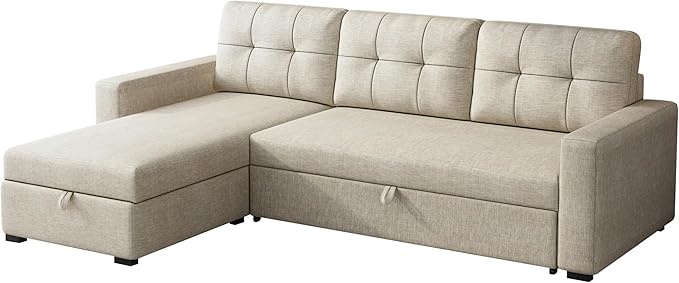 Pull Out Sofa Bed with Storage Chaise,L-Shape Sectional Corner Couch W/ 3 Back Cushions,Upholstered Convertible Sleeper for Apartment Dorm Living Room,Beige, 81.5", Beige3 - LeafyLoom