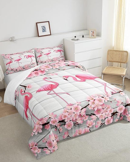 Erosebridal Flamingo Bedding Set Twin,Cherry Blossoms Comforter Set for Girls Teens Women,Pink Tropical Bird Animal Comforter Flower Rustic Wooden Board Quilt Duvet Sets with 1 Pillow Case - LeafyLoom