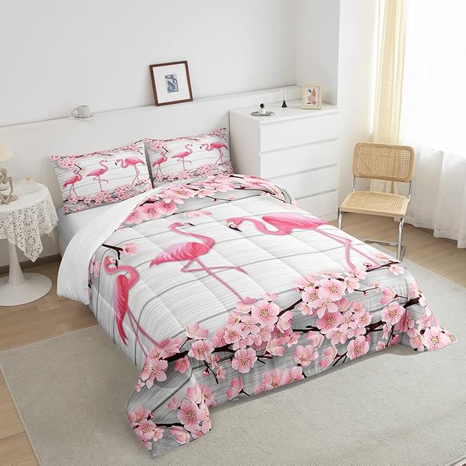 Erosebridal Flamingo Bedding Set Twin,Cherry Blossoms Comforter Set for Girls Teens Women,Pink Tropical Bird Animal Comforter Flower Rustic Wooden Board Quilt Duvet Sets with 1 Pillow Case - LeafyLoom