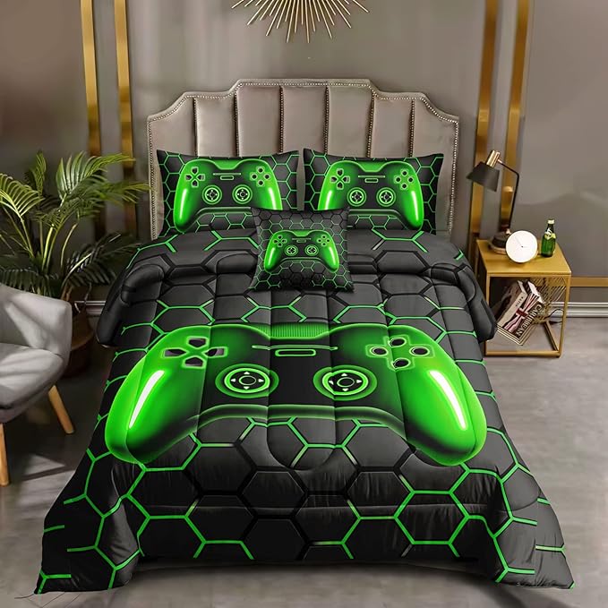 6 Pieces Bed in A Bag Gamer Bedding Set for Boys Kids Adult Gaming Comforters Set,Boys Bed in A Bag Set Queen Size Comforter with Fitted Sheet Flat Sheet Pillowcase pillowsham,DJTH5026Queen - LeafyLoom