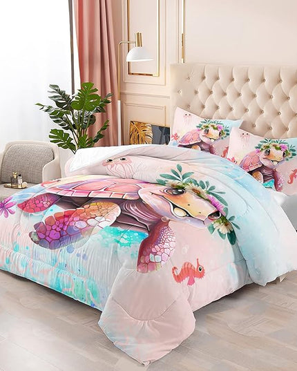 CVHOUSE Kawaii Sea Turtle Comforter Set Twin Size,Ocean Theme Bedding Set for Girls Kids,Tie Die Turtle Quilt Set Ocean Turtle Duvet Set Ocean Decor 3 Pieces - LeafyLoom