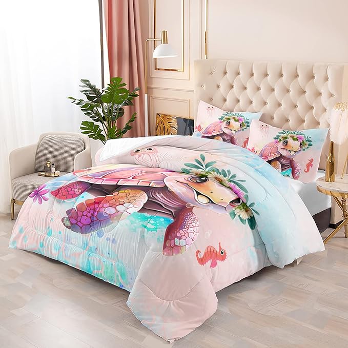 CVHOUSE Kawaii Sea Turtle Comforter Set Twin Size,Ocean Theme Bedding Set for Girls Kids,Tie Die Turtle Quilt Set Ocean Turtle Duvet Set Ocean Decor 3 Pieces - LeafyLoom