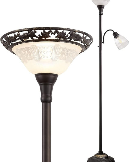 Victorian Floor Lamp, 70" Elegant Standing Lamp with Etched Glass Shade, Metal Body & Heavy Base, Vintage Tall Corner Lamp Decor for bedroom, Living Room, Den, Office. No Bulbs (2 Head) - LeafyLoom