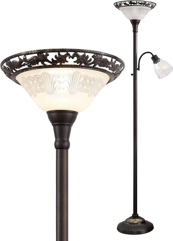 Victorian Floor Lamp, 70" Elegant Standing Lamp with Etched Glass Shade, Metal Body & Heavy Base, Vintage Tall Corner Lamp Decor for bedroom, Living Room, Den, Office. No Bulbs (2 Head) - LeafyLoom