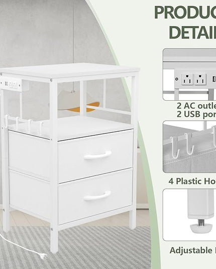 Nightstands set 2 for Bedroom Decor, Bedside Table with Charging Station, Night Stands with Fabric Drawers and Open Shelf, Side Table with USB Ports & Outlets(White,2) - LeafyLoom