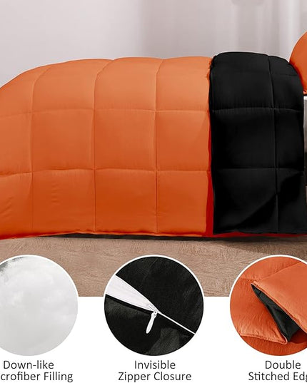 Basic Beyond King Size Comforter Set - Fluffy King Bed Comforter Set for All Seasons - Reversible Bedding King Size Comforter Set - 3 Pieces (1 Comforter + 2 Pillow Shams) - Orange/Black - LeafyLoom