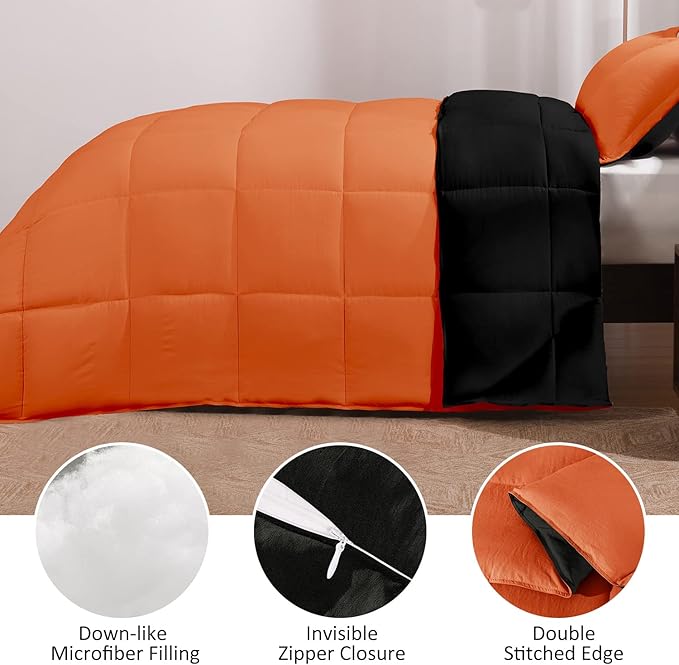 Basic Beyond Queen Comforter Set - Fluffy Comforter Queen Set for All Seasons - Reversible Orange Comforter Set Queen for Mens - 3 Pieces (1 Comforter + 2 Pillow Shams) - Orange/Black - LeafyLoom