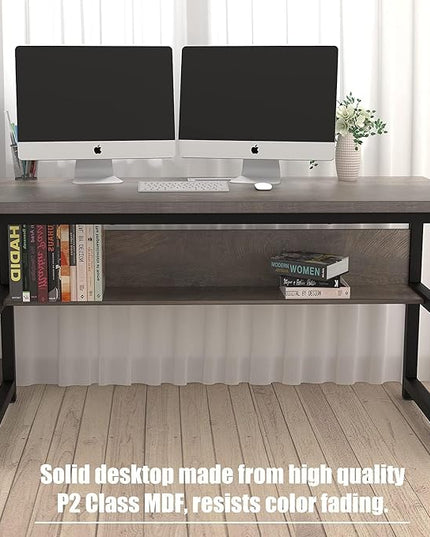 TOPSKY Computer Desk with Bookshelf/Metal Hole Cable Cover 1.18" Thick Desk (Light Walnut, 55") - LeafyLoom