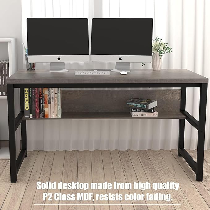 TOPSKY Computer Desk with Bookshelf/Metal Hole Cable Cover 1.18" Thick Desk (Light Walnut, 55") - LeafyLoom