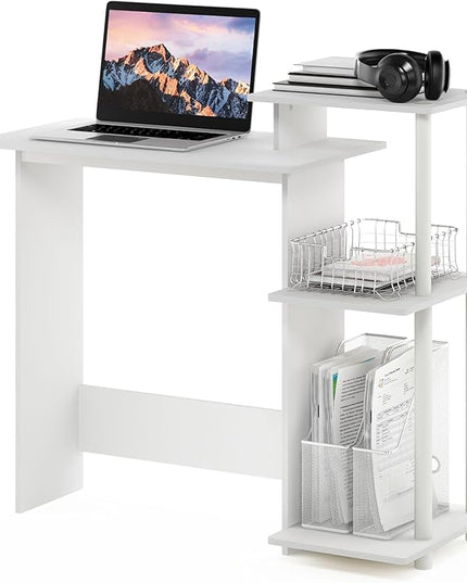 Furinno Efficient Computer Desk, Square Side Shelf, White/White - LeafyLoom